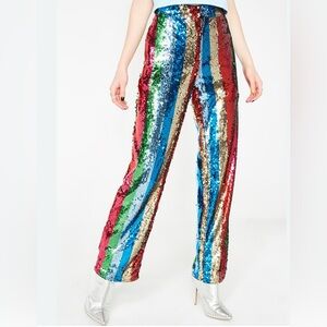 Hot & Delicious Sequin Straight-Leg Pants Rainbow Multi Color Lined Size Large